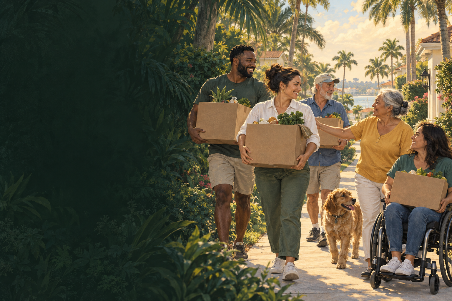 Illustration of neighbors carrying food boxes together on a Palm Beach County sidewalk